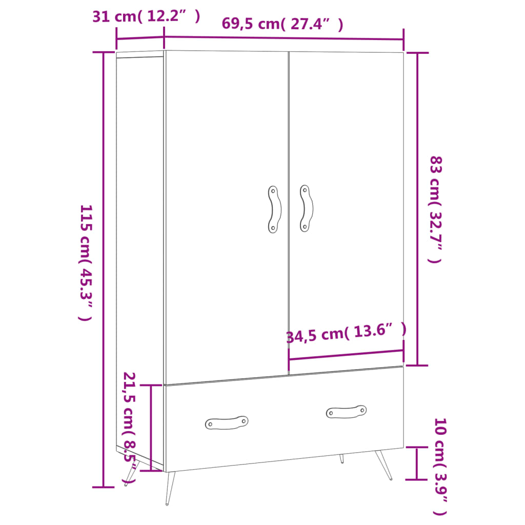 vidaXL Visoka komoda bijela 69,5 x 31 x 115 cm od konstruiranog drva