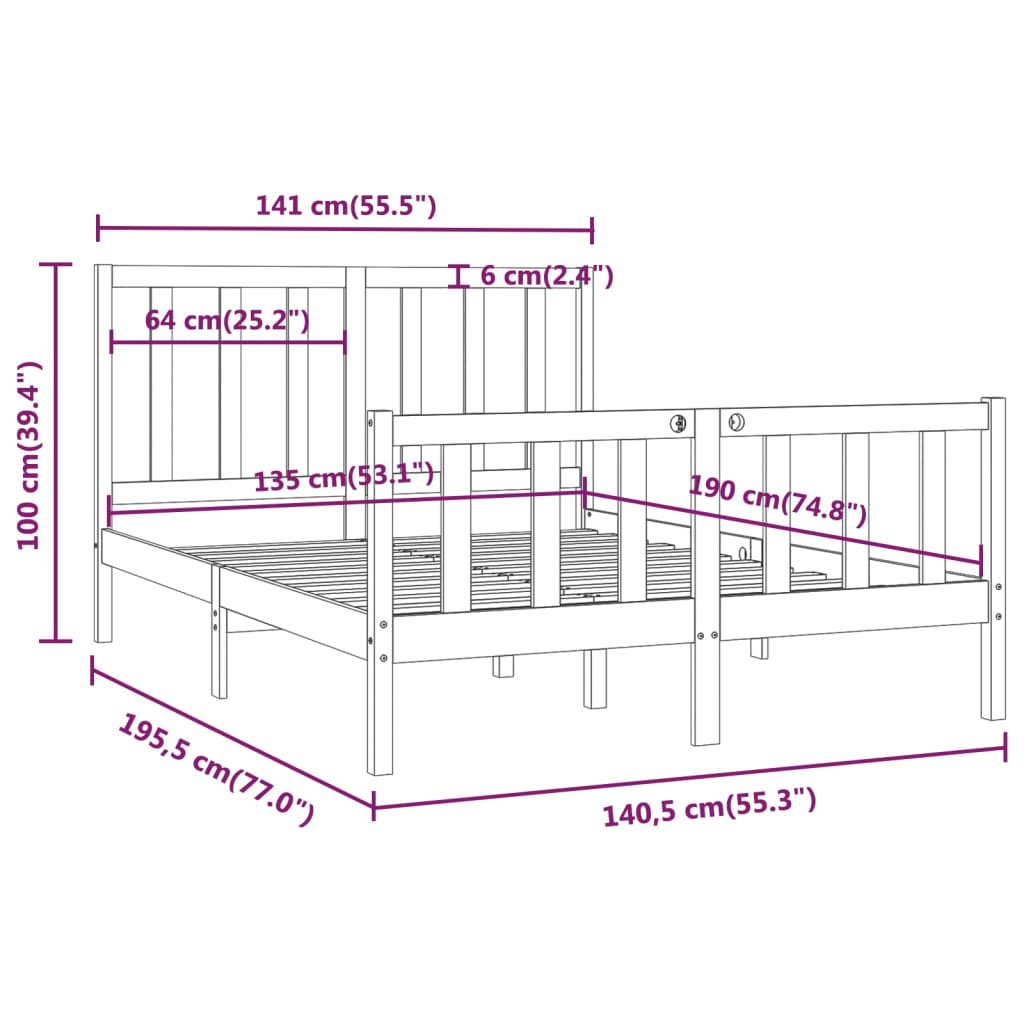 vidaXL Okvir za krevet od masivnog drva crni 135 x 190 cm bračni