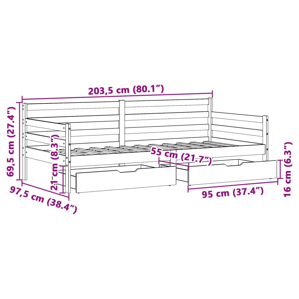 vidaXL Dnevni krevet s ladicama bez madraca 90x200 cm masivno drvo