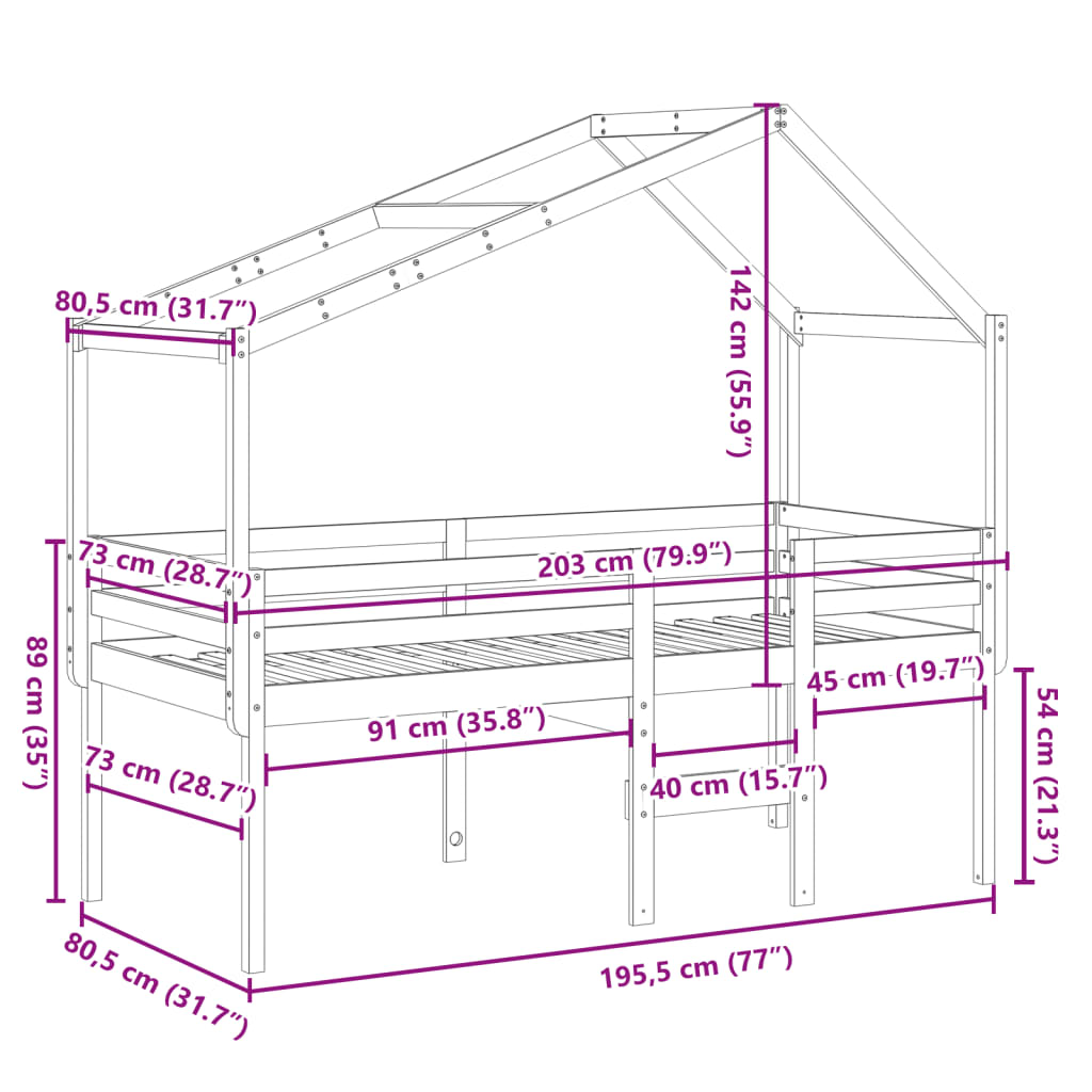 vidaXL Visoki krevet s krovom 75 x 190 cm od masivne borovine