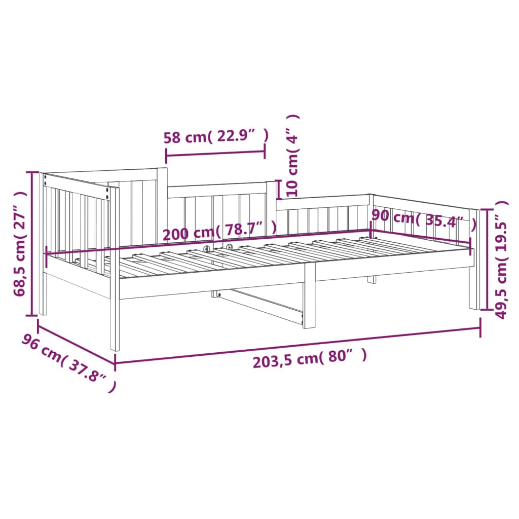 vidaXL Dnevni ležaj crni 90 x 200 cm od masivne borovine