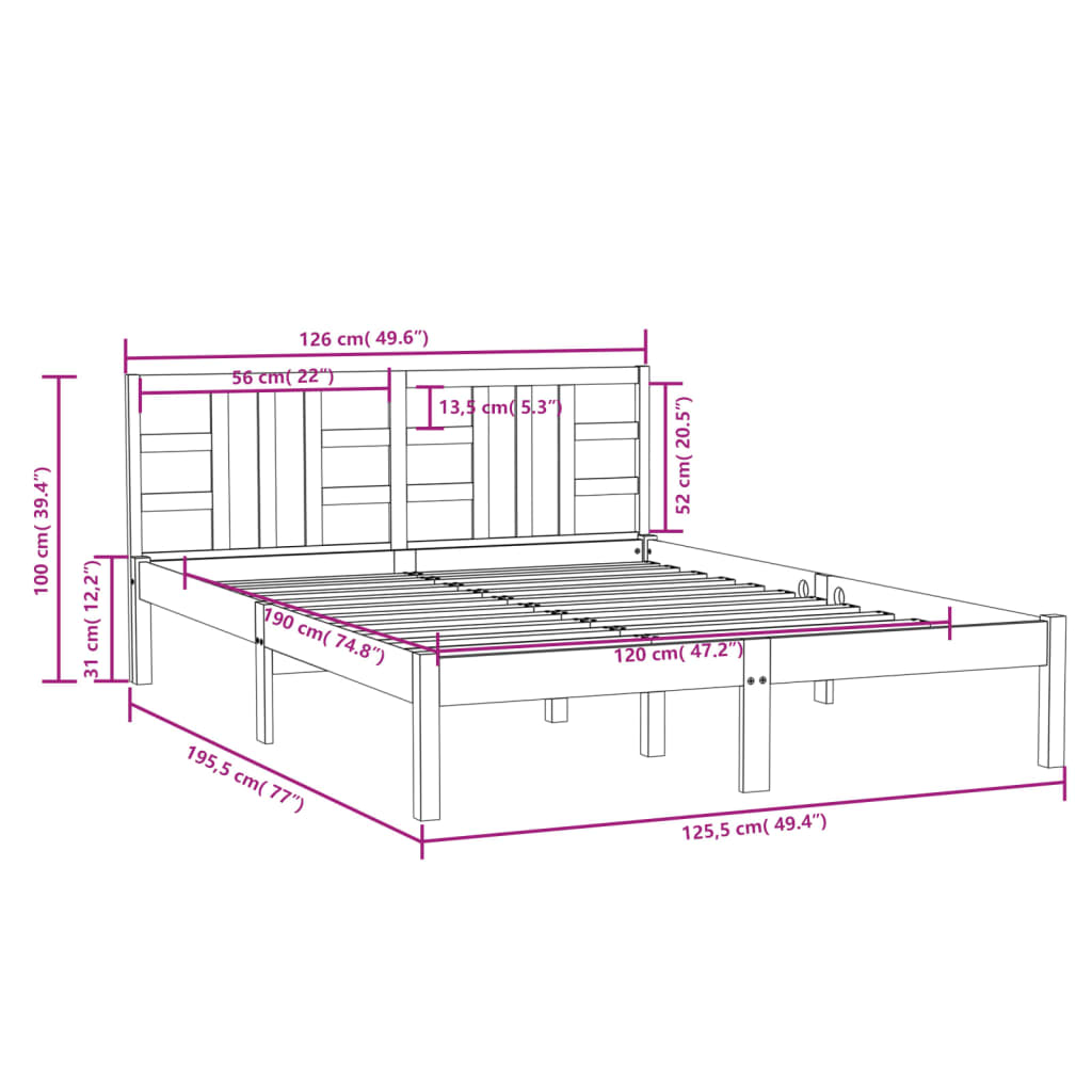 vidaXL Okvir za krevet od masivnog drva 120 x 190 cm mali bračni