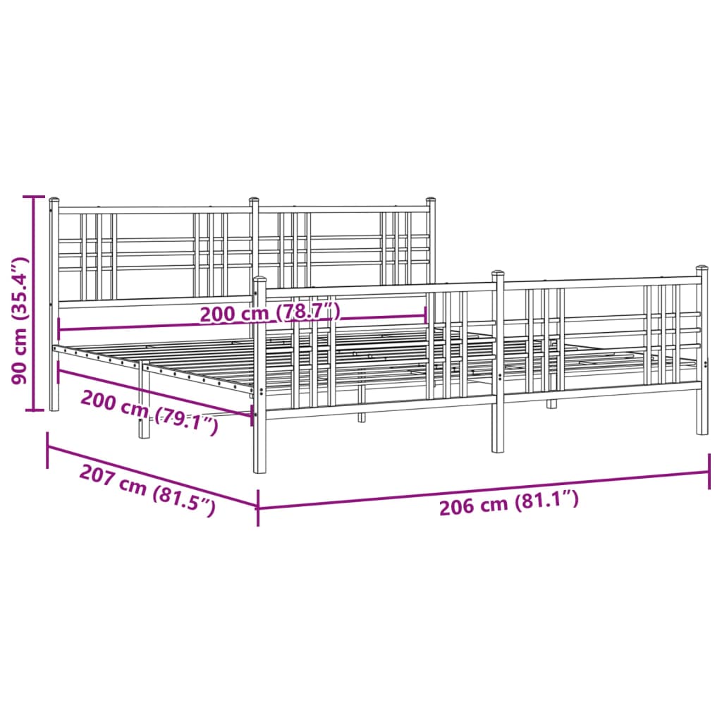 vidaXL Metalni okvir kreveta uzglavlje i podnožje bijeli 200x200 cm