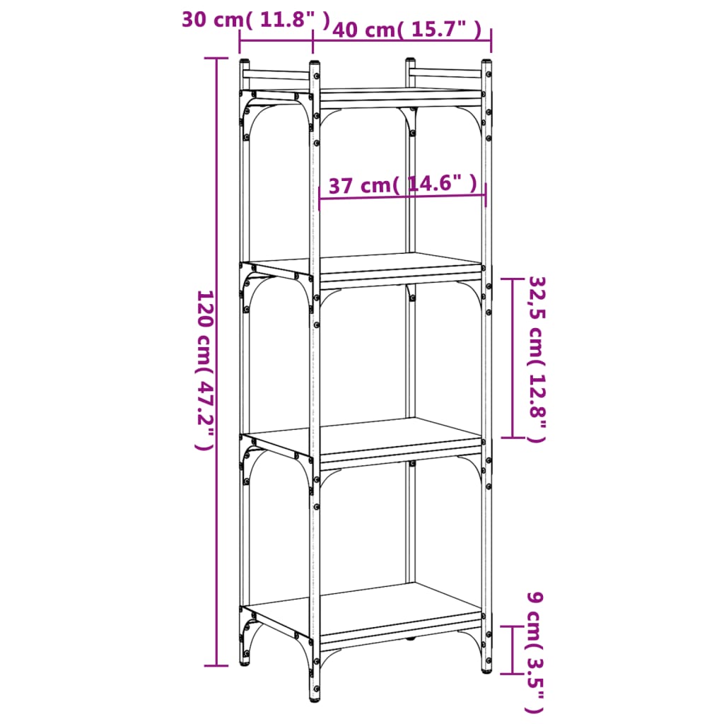 vidaXL Regal za knjige s 4 razine siva boja hrasta 40x30x120 cm drveni