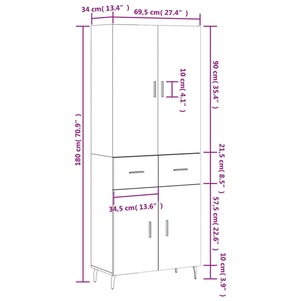 vidaXL Visoka komoda crni 69,5x34x180 cm konstruirano drvo