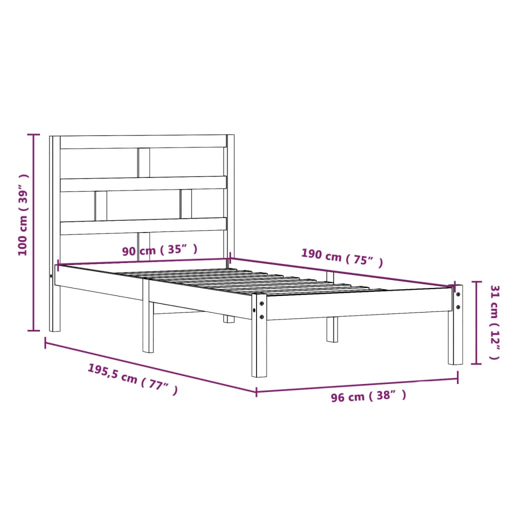 vidaXL Okvir za krevet od masivnog drva 90 x 190 cm 3FT jednokrevetni