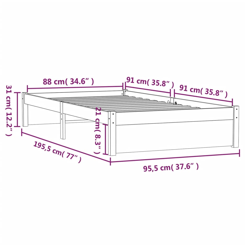 vidaXL Okvir za krevet boja meda od masivnog drva 90 x 190 cm mali