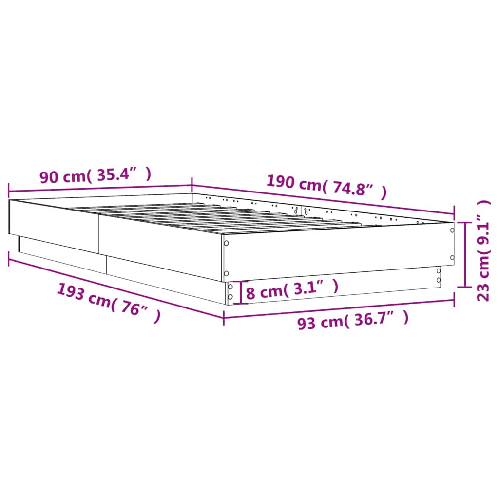 vidaXL Okvir kreveta s LED svjetlima boja smeđeg hrasta 90 x 190 cm