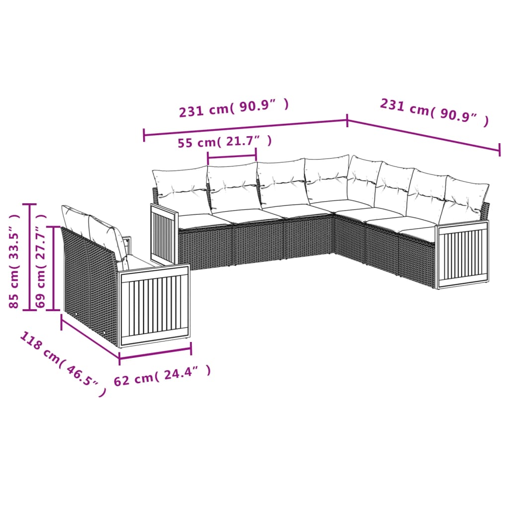 vidaXL 9-dijelni set vrtnih sofa od poliratana s jastucima sivi