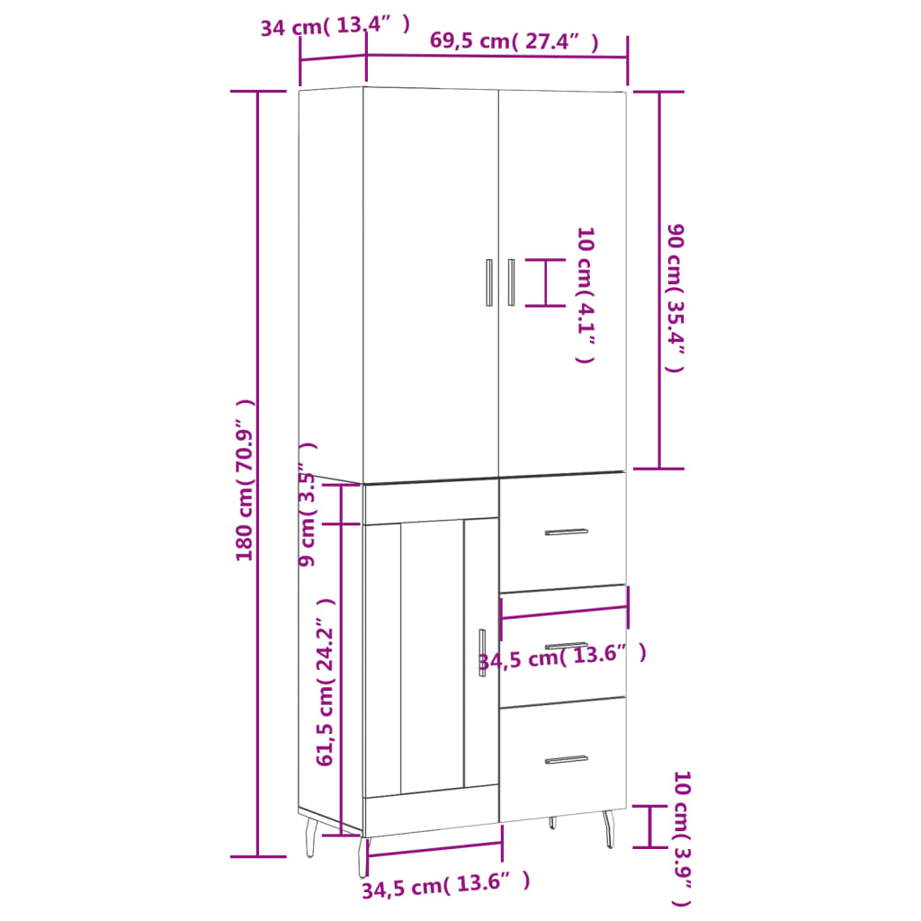 vidaXL Visoka komoda dimljeni hrast 69,5x34x180 cm konstruiranog drva