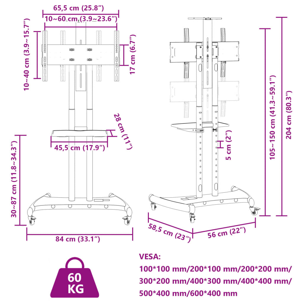 vidaXL Pomični TV stalak za zaslon od 32-70 inča max. 600x400 mm 60 kg