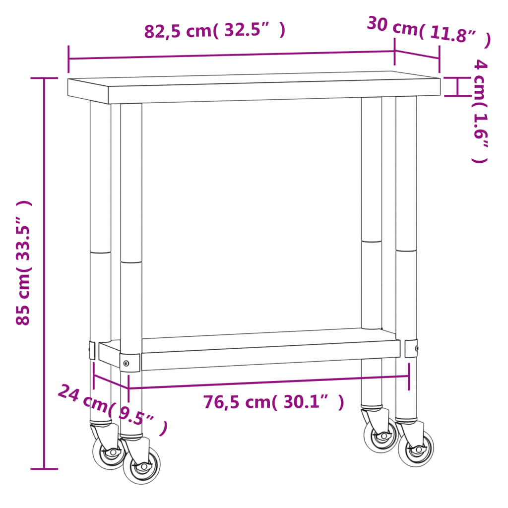 vidaXL Kuhinjski radni stol s kotačima 82,5x30x85 cm nehrđajući čelik