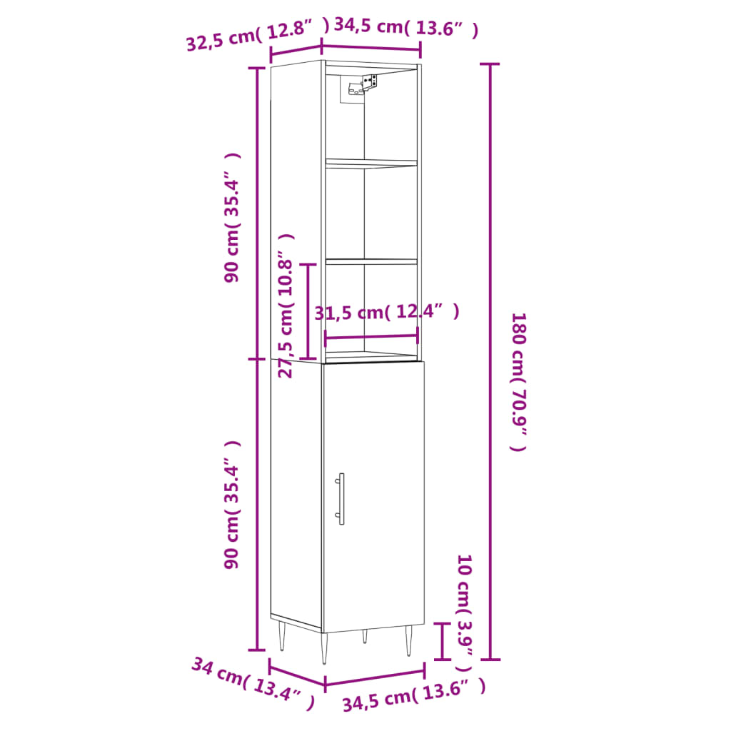 vidaXL Visoka komoda hrasta sonome 34,5x34x180cm od konstruiranog drva