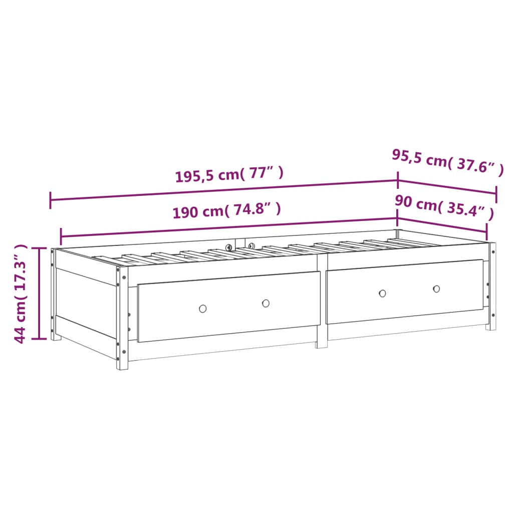 vidaXL Dnevni krevet bijeli 90 x 190 cm 3FT mali od masivne borovine