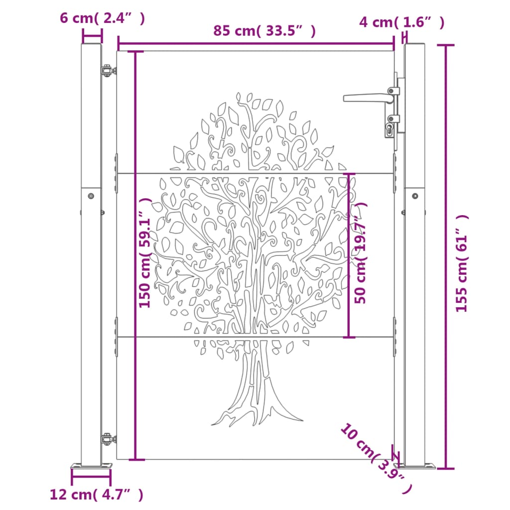 vidaXL Vrtna vrata 105 x 155 cm od čelika COR-TEN s uzorkom stabla