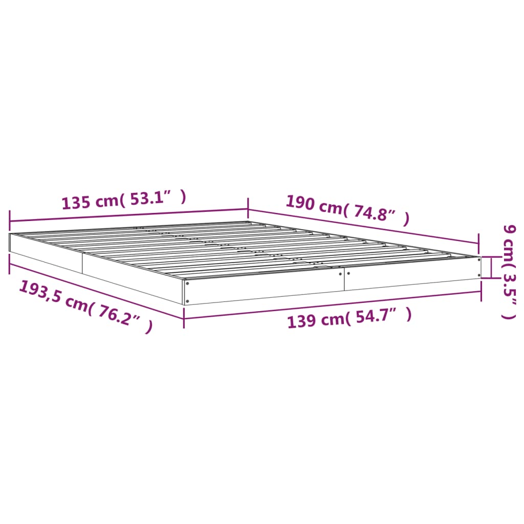 vidaXL Okvir za krevet od masivnog drva sivi 135x190 cm 4FT6 bračni