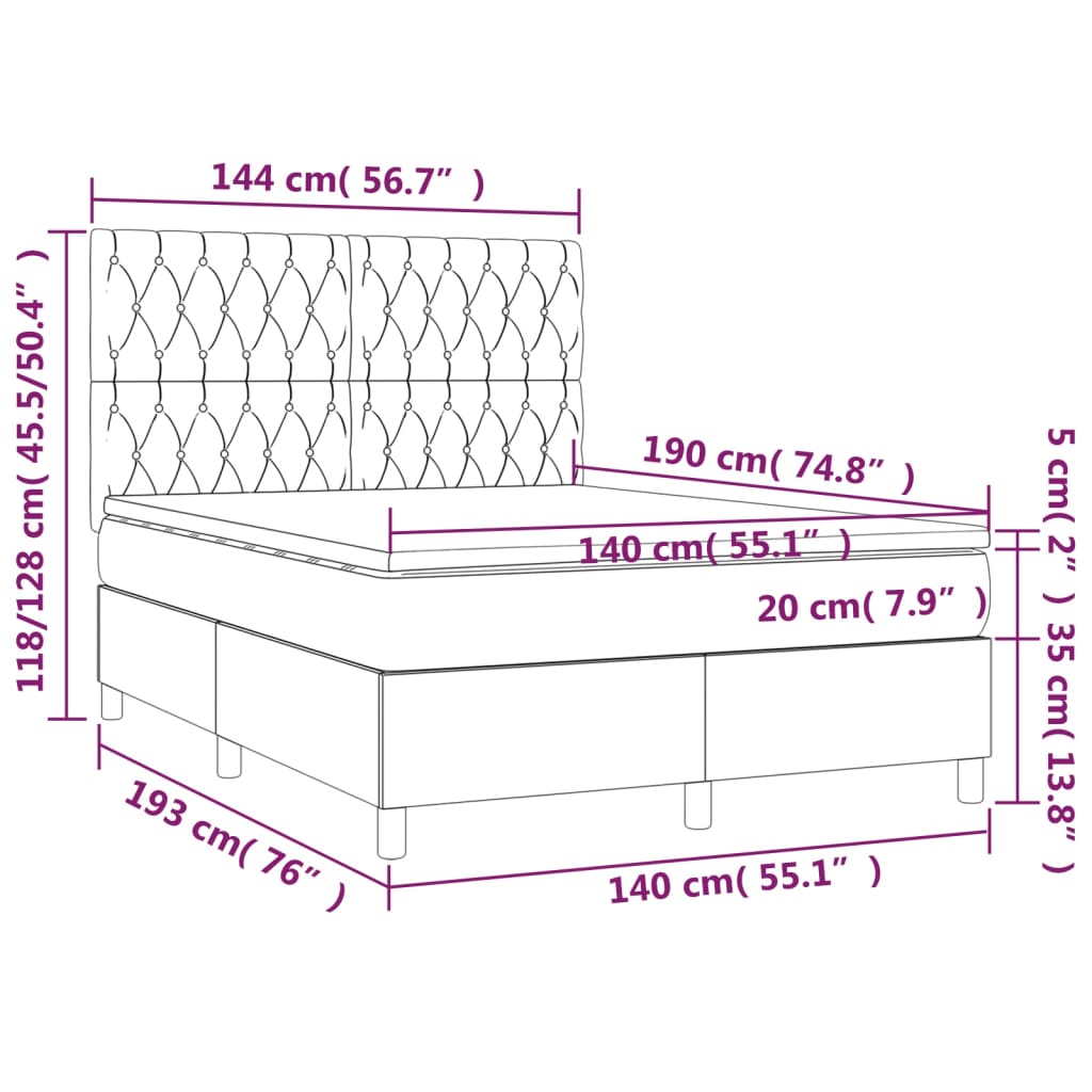 vidaXL Krevet box spring s madracem LED tamnozeleni 140x190 cm baršun