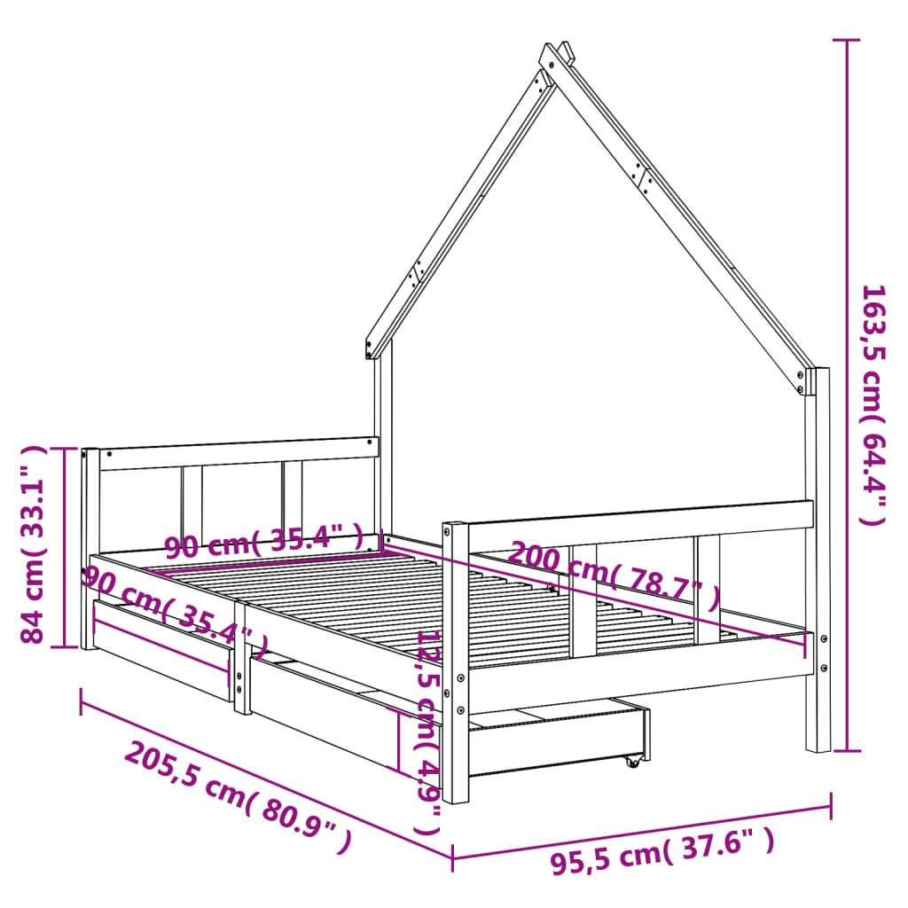 vidaXL Okvir za dječji krevet s ladicama bijeli 90 x 200 cm borovina