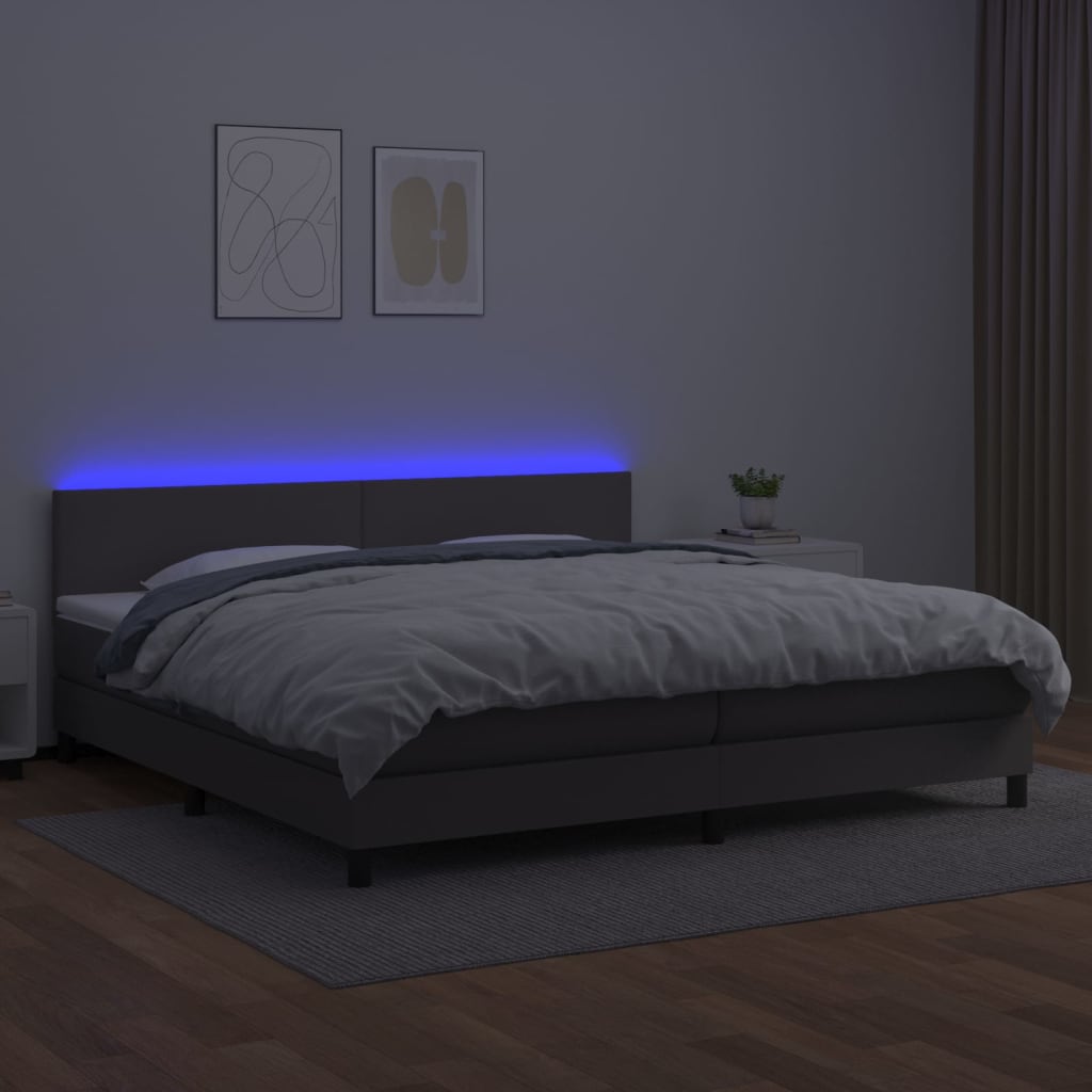 vidaXL Krevet box spring s madracem LED sivi 200x200cm od umjetne kože