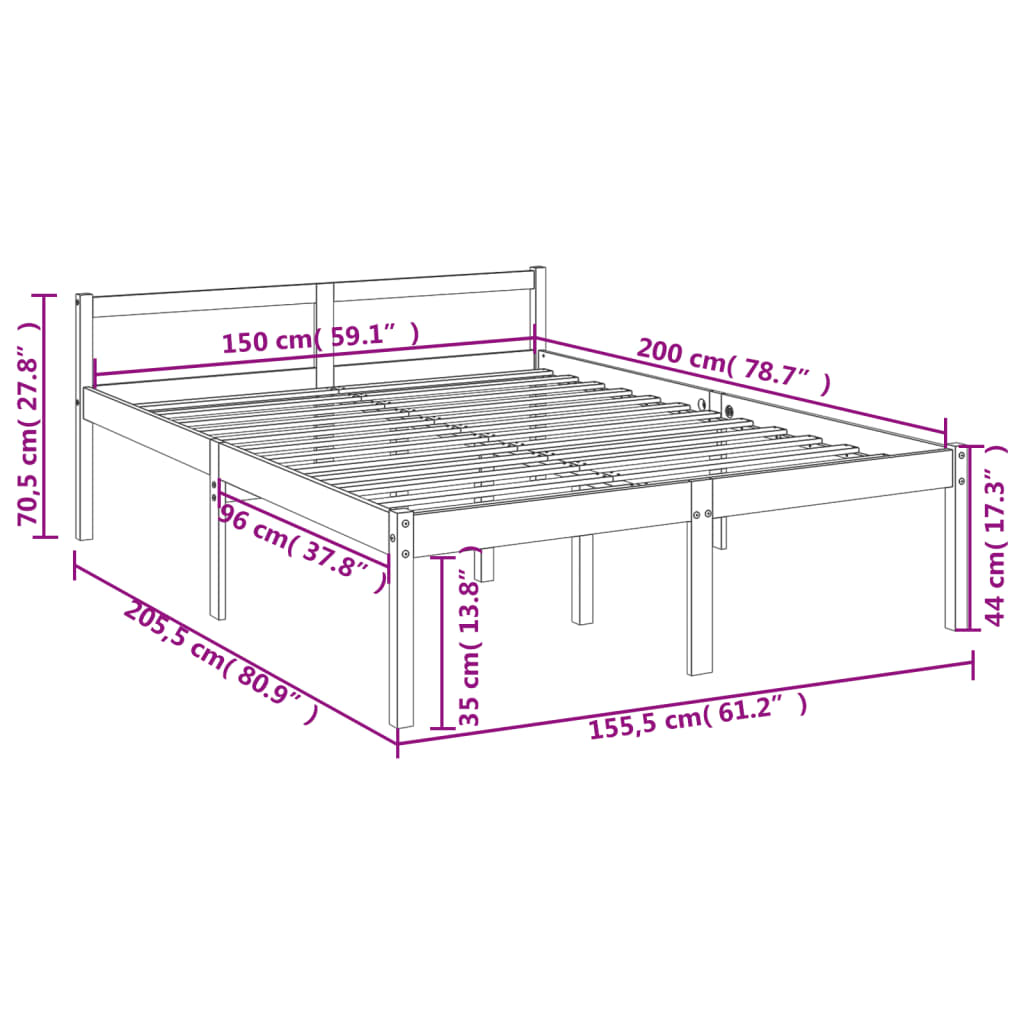 vidaXL Krevet za starije osobe crni 150 x 200 cm bračni od borovine