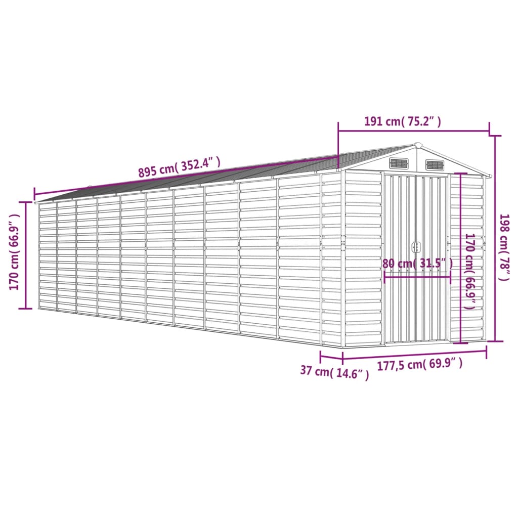 vidaXL Vrtno spremište smeđe 191 x 895 x 198 cm od pocinčanog čelika