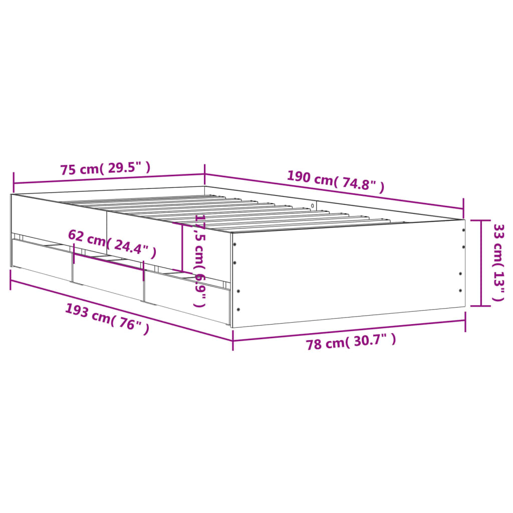 vidaXL Okvir kreveta s ladicama boja dimljenog hrasta 75x190 cm drveni