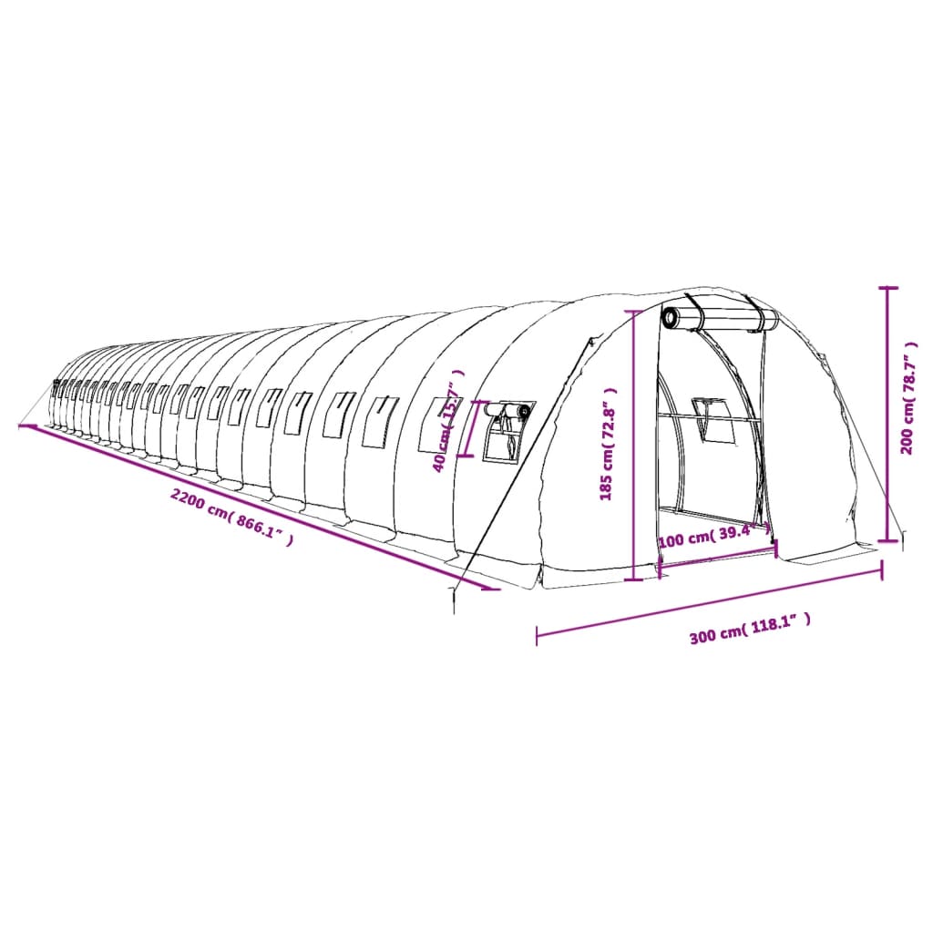 vidaXL Staklenik s čeličnim okvirom bijeli 66 m² 22 x 3 x 2 m