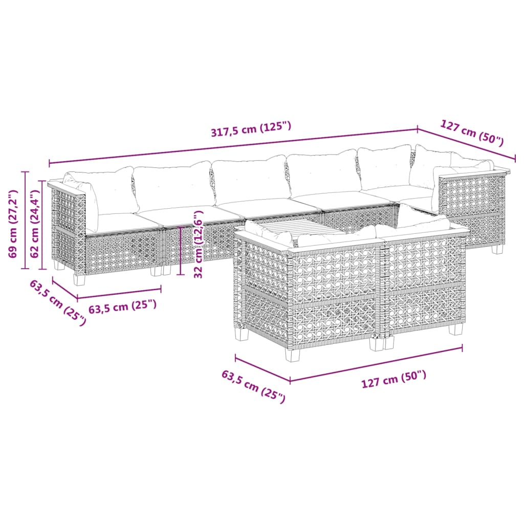 vidaXL 9-dijelni set vrtnih sofa s jastucima crni od poliratana