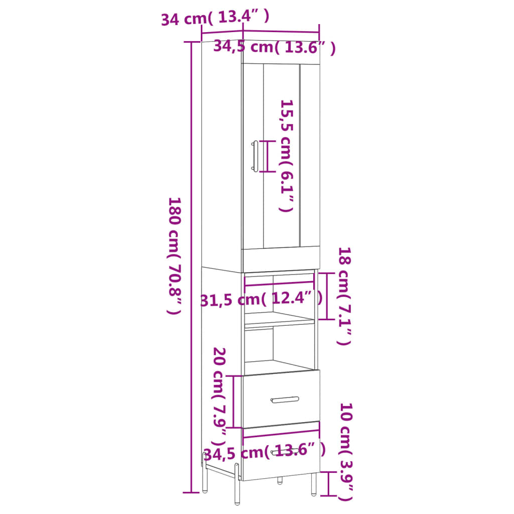 vidaXL Visoka komoda siva sonome 34,5x34x180 cm od konstruiranog drva