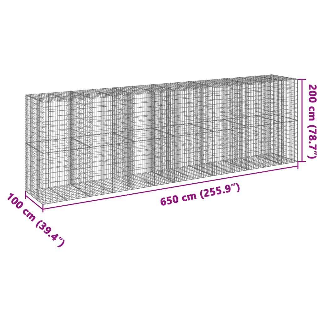 vidaXL Gabionska košara s poklopcem 650x100x200 cm pocinčano željezo