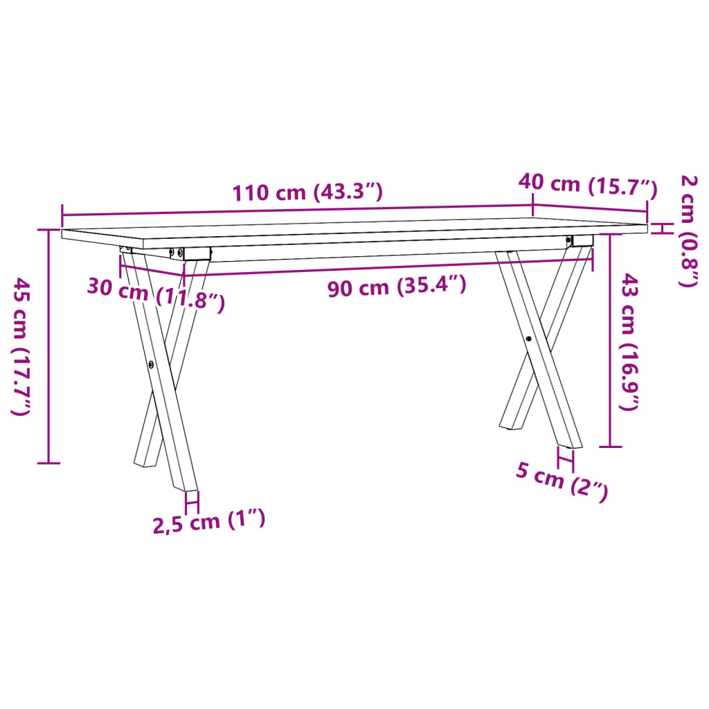 vidaXL Stolić za kavu X-oblika 110x40x45cm borovina i lijevano željezo