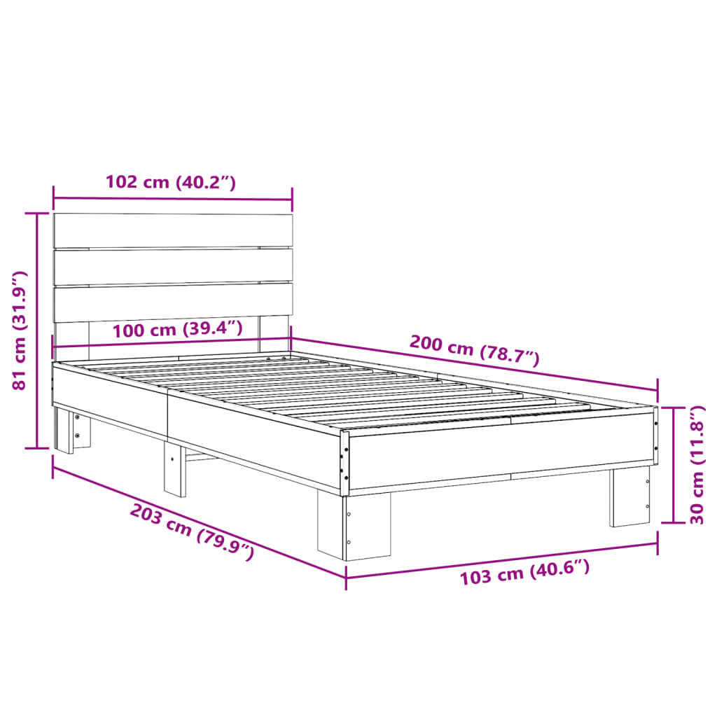 vidaXL Okvir za krevet smeđi hrast 100x200cm konstruirano drvo i metal