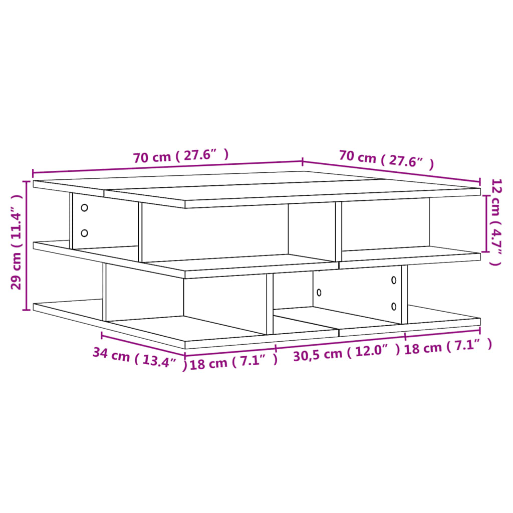 vidaXL Stolić za kavu boja hrasta 70x70x29 cm konstruirano drvo