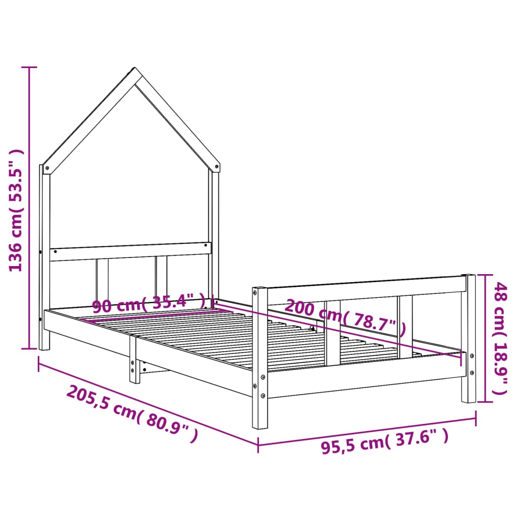 vidaXL Okvir za dječji krevet crni 90 x 200 cm od masivne borovine