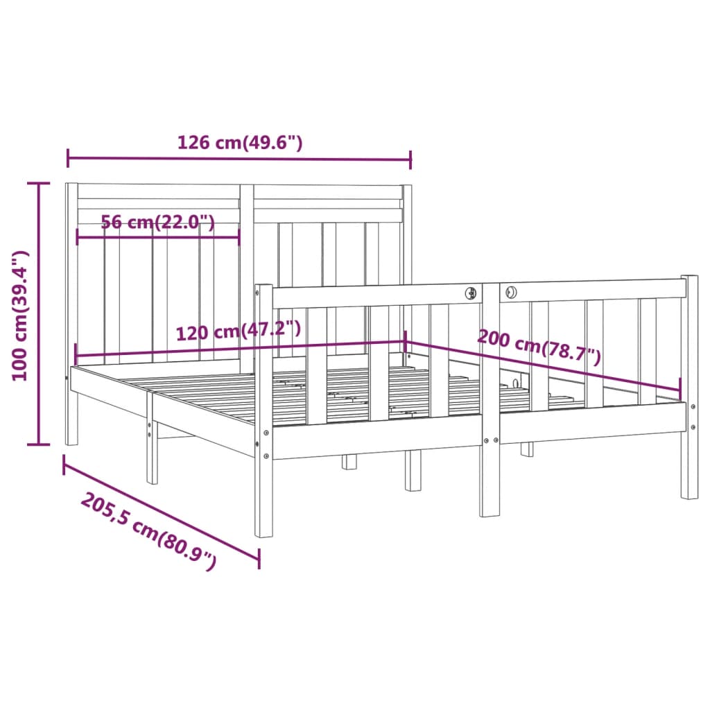 vidaXL Okvir za krevet od masivne borovine crni 120 x 200 cm