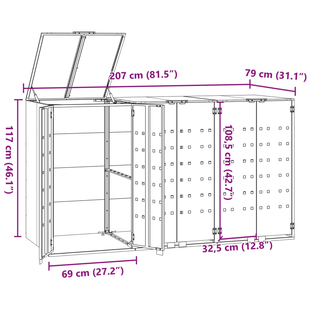 vidaXL Spremište za 3 kante za otpad crno 207 x 79 x 117 cm čelično