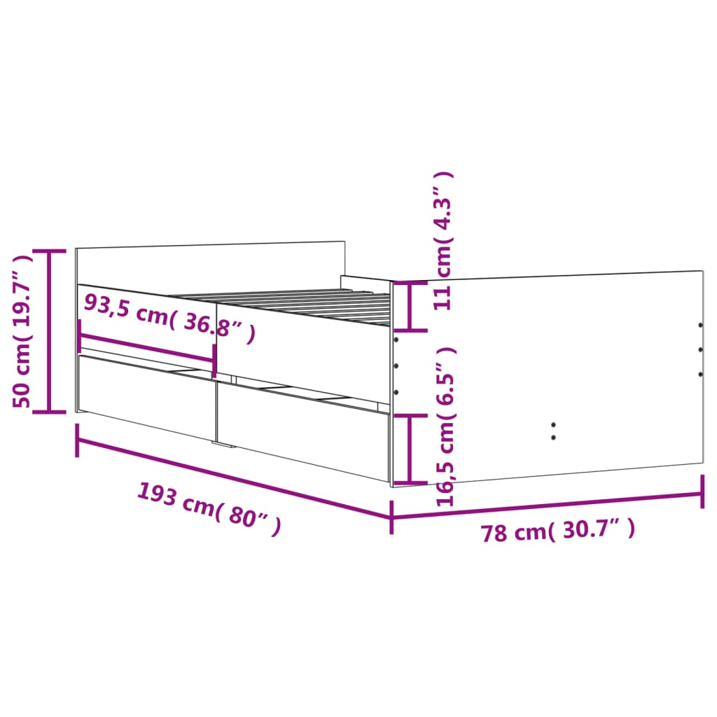 vidaXL Okvir kreveta s ladicama boja hrasta 75 x 190 cm za jednu osobu