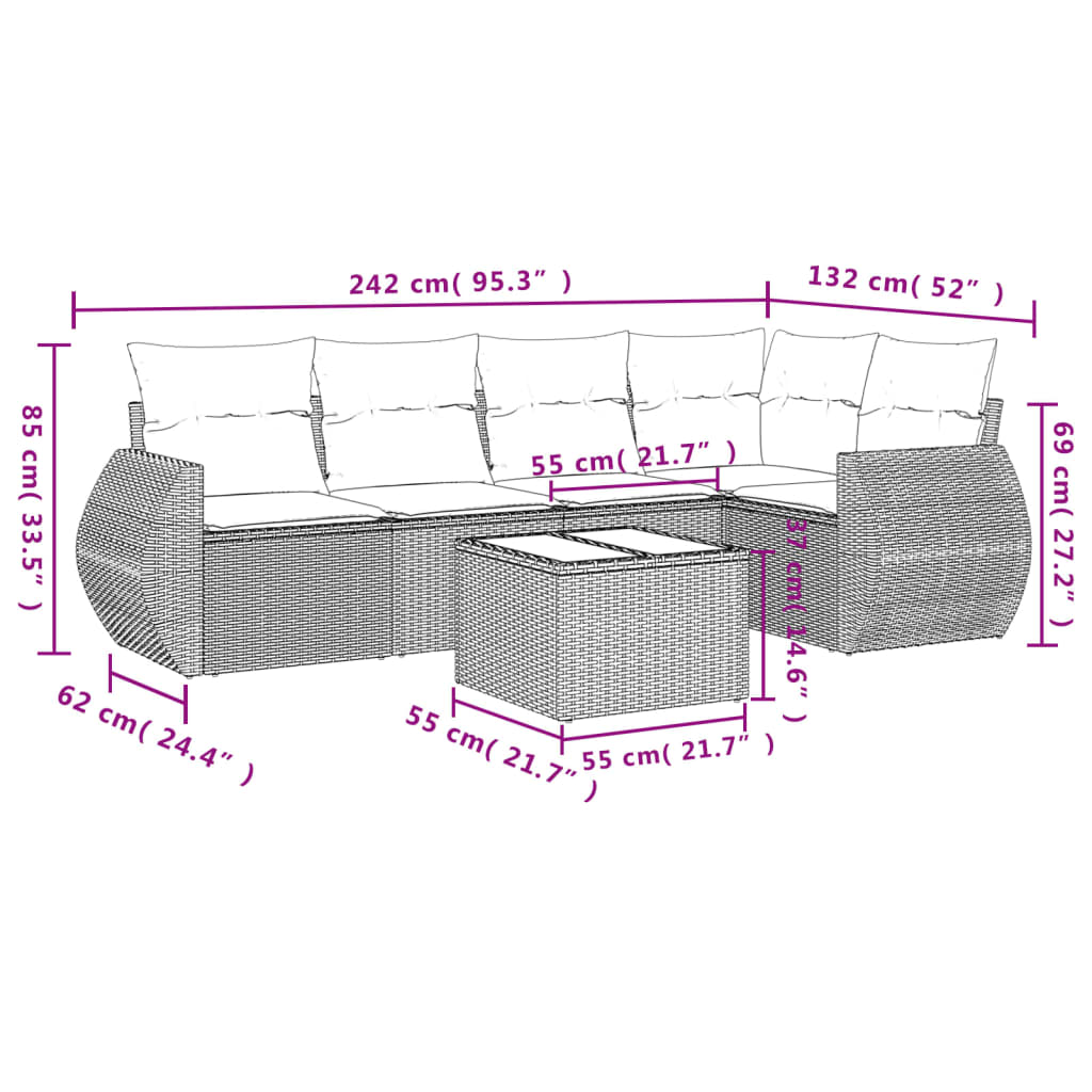 vidaXL 6-dijelni set vrtnih sofa od poliratana s jastucima sivi