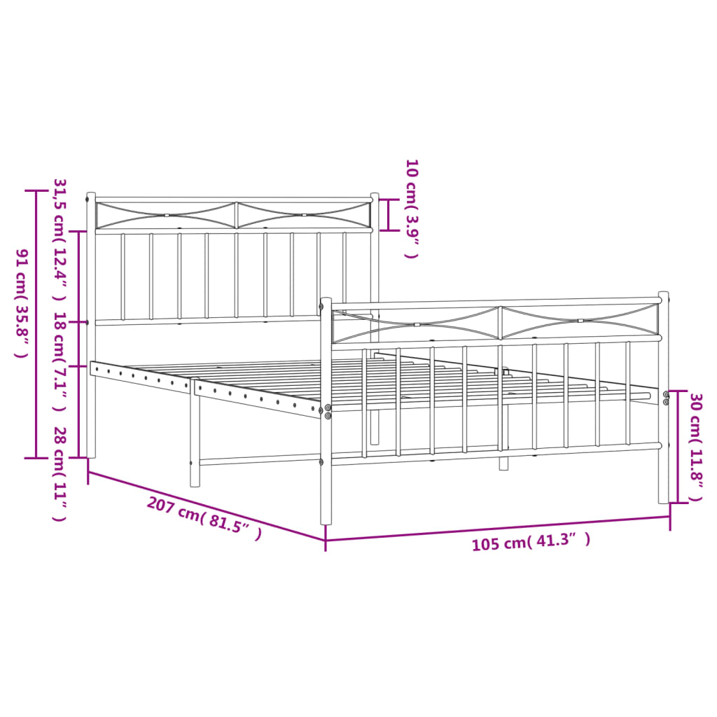 vidaXL Metalni okvir kreveta uzglavlje i podnožje crni 100x200 cm