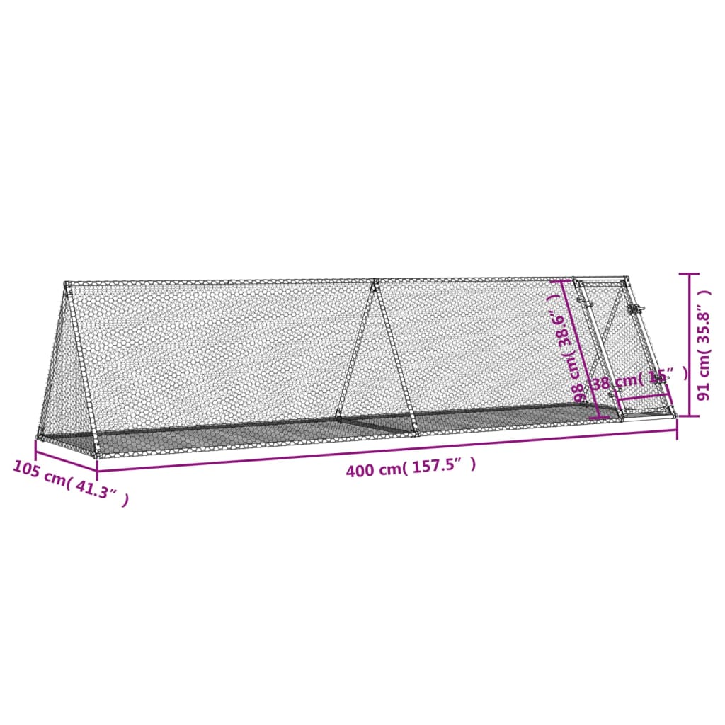 vidaXL Kavez za zečeve srebrni 400 x 105 x 91 cm od pocinčanog čelika