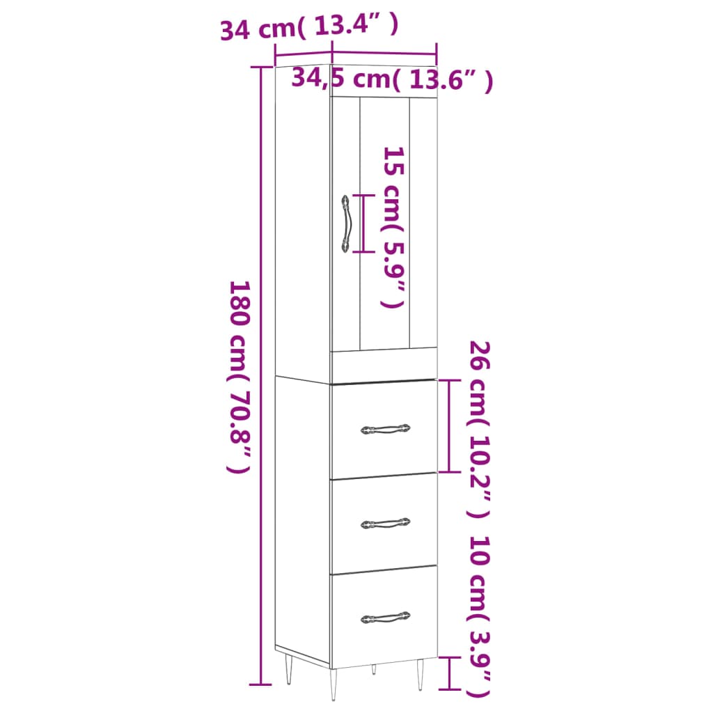 vidaXL Visoka komoda boja hrasta 34,5x34x180 cm od konstruiranog drva