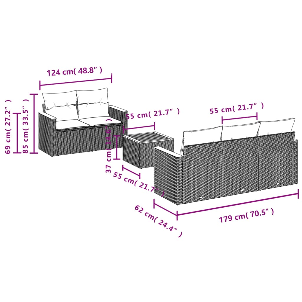 vidaXL 6-dijelni set vrtnih sofa s jastucima crni od poliratana