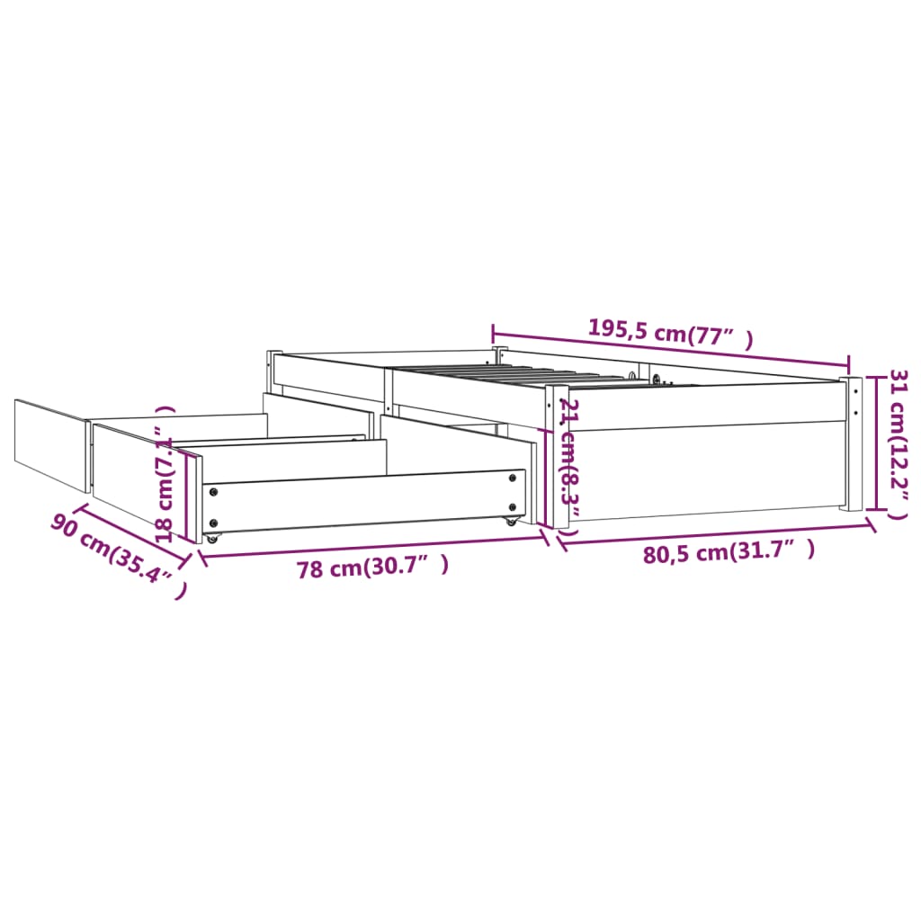 vidaXL Okvir za krevet s ladicama 75 x 190 cm 2FT6 jednokrevetni