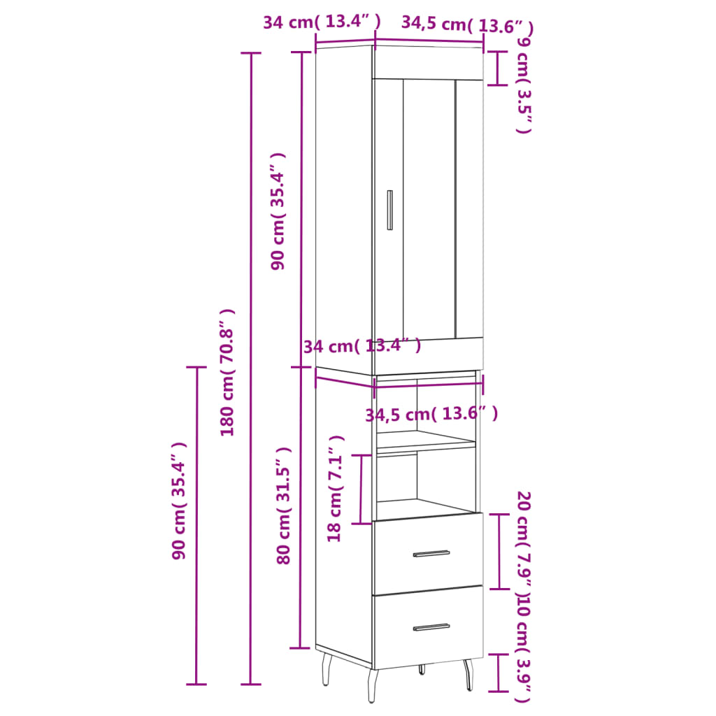 vidaXL Visoka komoda boja hrasta 34,5x34x180 cm od konstruiranog drva