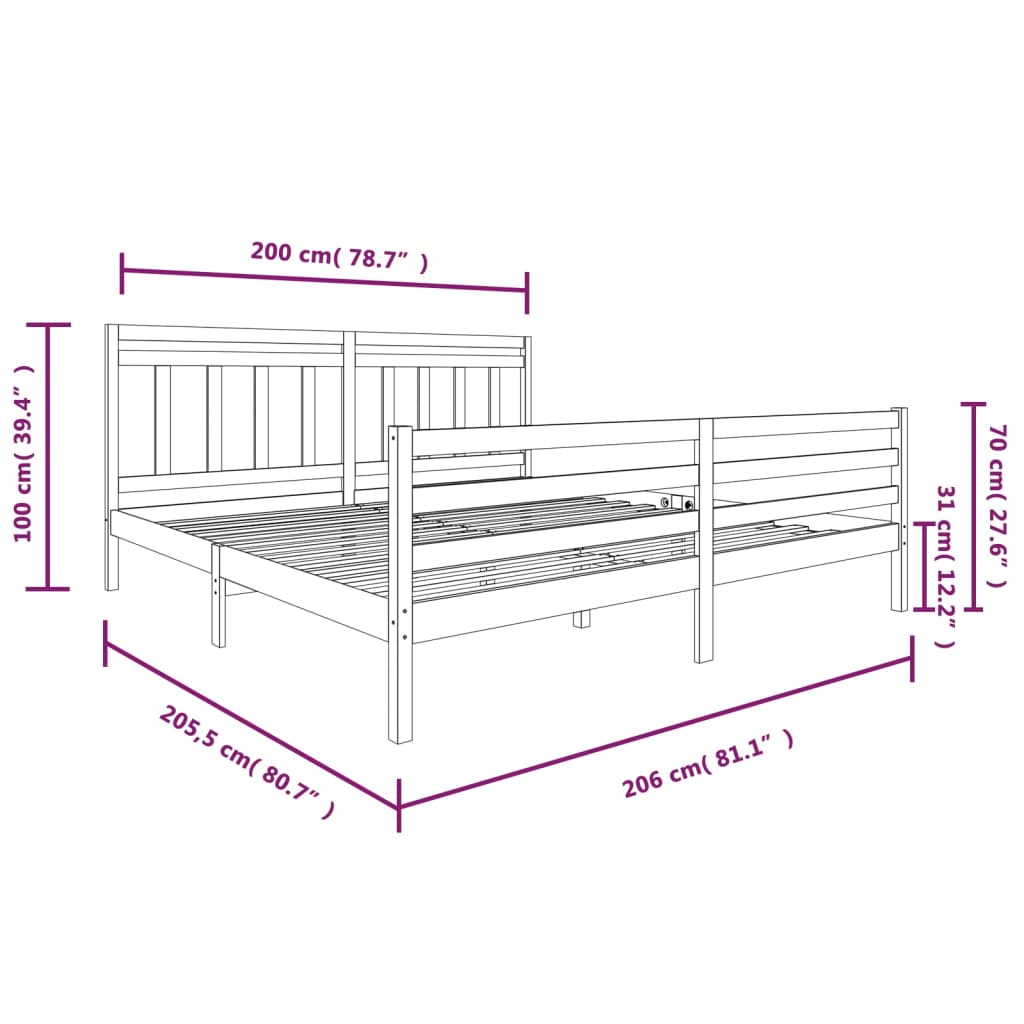 vidaXL Okvir za krevet od masivnog drva bijeli 200 x 200 cm