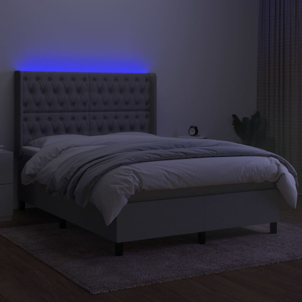 vidaXL Krevet box spring s madracem LED svjetlosivi 140x190 cm tkanina