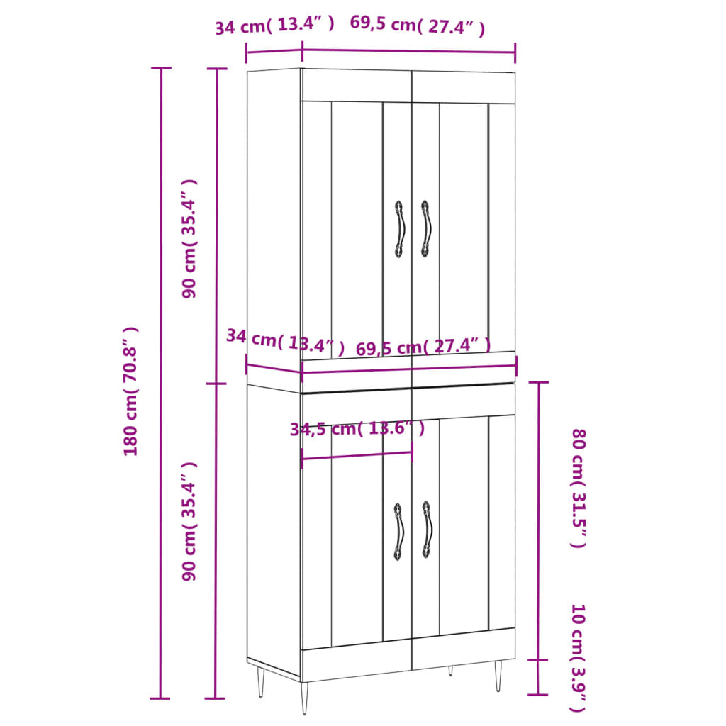 vidaXL Visoka komoda siva sonome 69,5x34x180 cm od konstruiranog drva