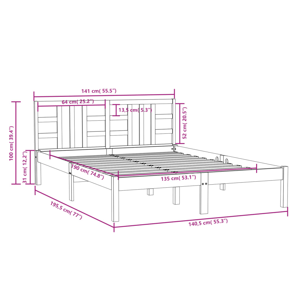 vidaXL Okvir za krevet od masivnog drva 135 x 190 cm 4FT6 bračni