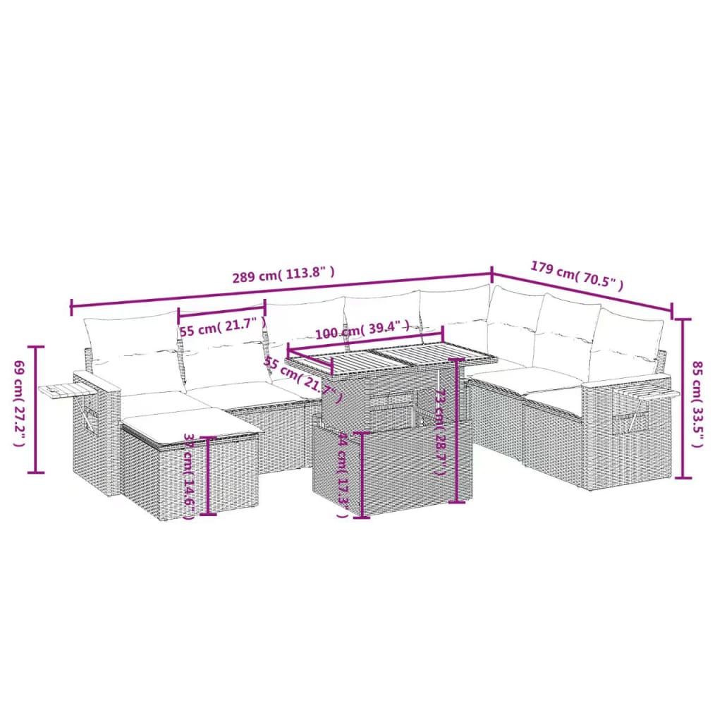 vidaXL 9-dijelni set vrtnih sofa od poliratana s jastucima sivi