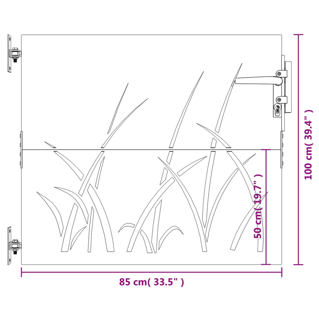 vidaXL Vrtna vrata 85 x 100 cm od čelika COR-TEN s uzorkom trave